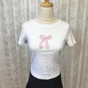Pacsun Beaded Pink Bow White‎ Baby Tee Women's Large Preppy Feminine